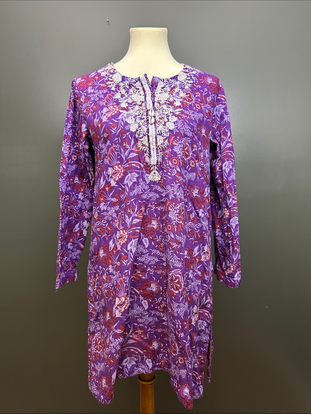 Khaadi Purple Floral Embroidered Cotton Kurta Tunic Cowrie Shell Size 10